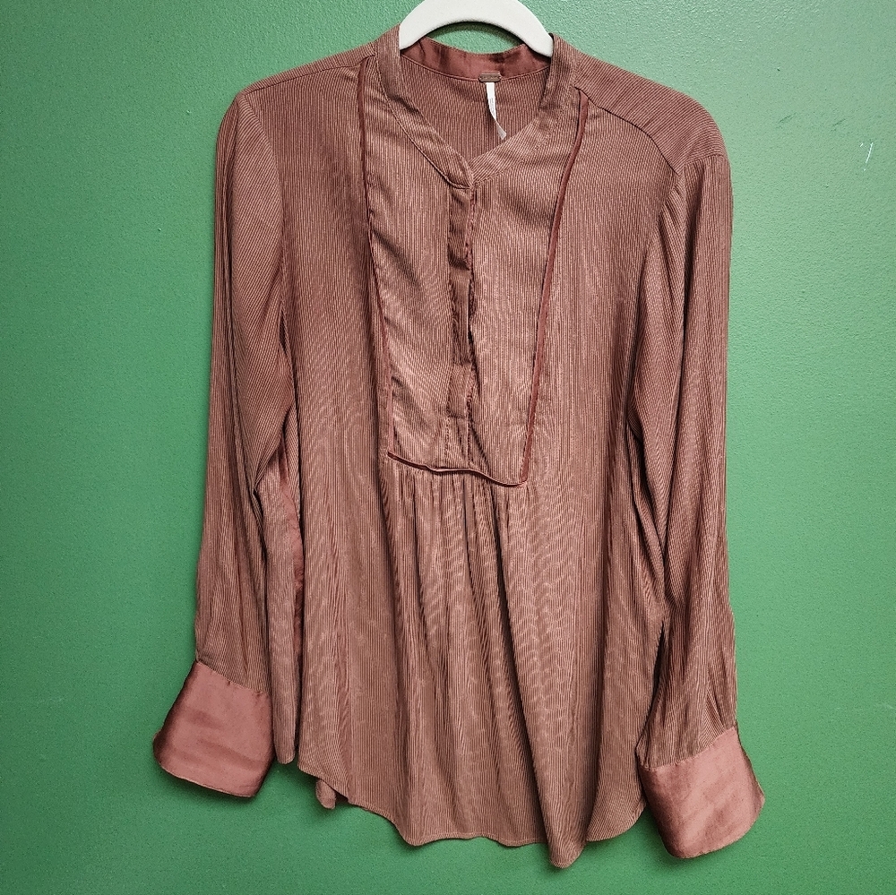 Free People Brown Pleated Boho Tunic Blouse Long Sleeve Size Large